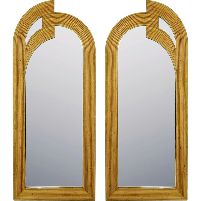 Pair of vintage contemporary bamboo and brass Italian mirrors