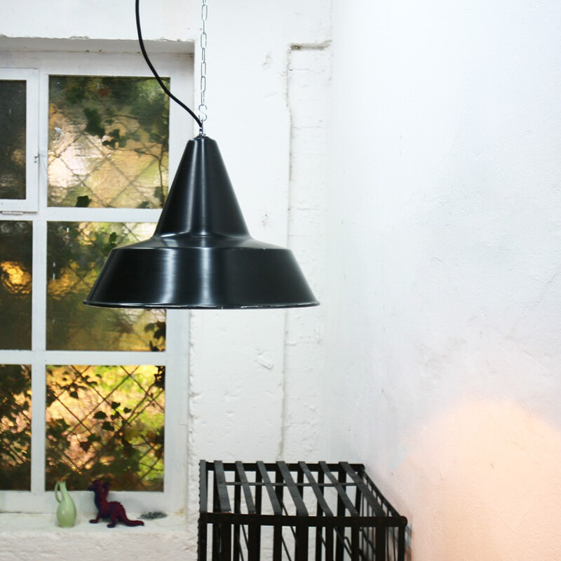 Large mid-century industrial black hanging lamp with chain - 1930s