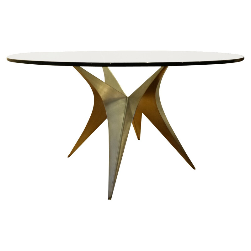 Glass and brushed steel dining table, Paul LE GEARD - 1970s