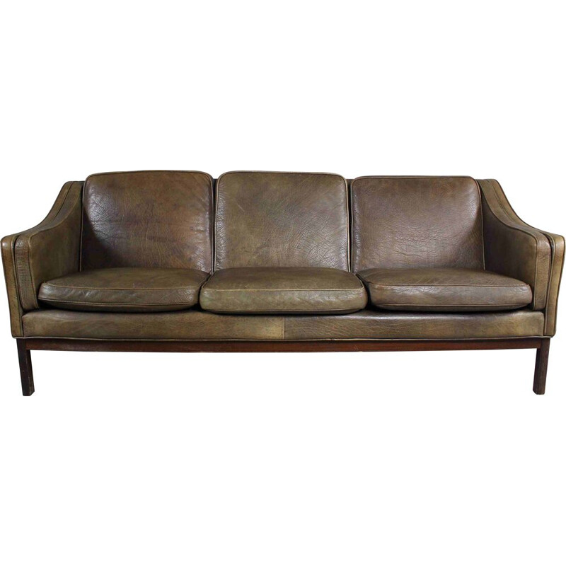 Mid century brown leather and rosewood sofa by Vatne Mobler, Norway 1970s