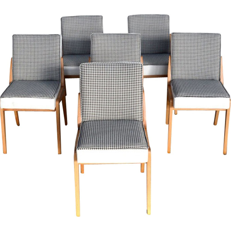 Set of 4 chairs in wood and Houndstooth fabric - 1960s