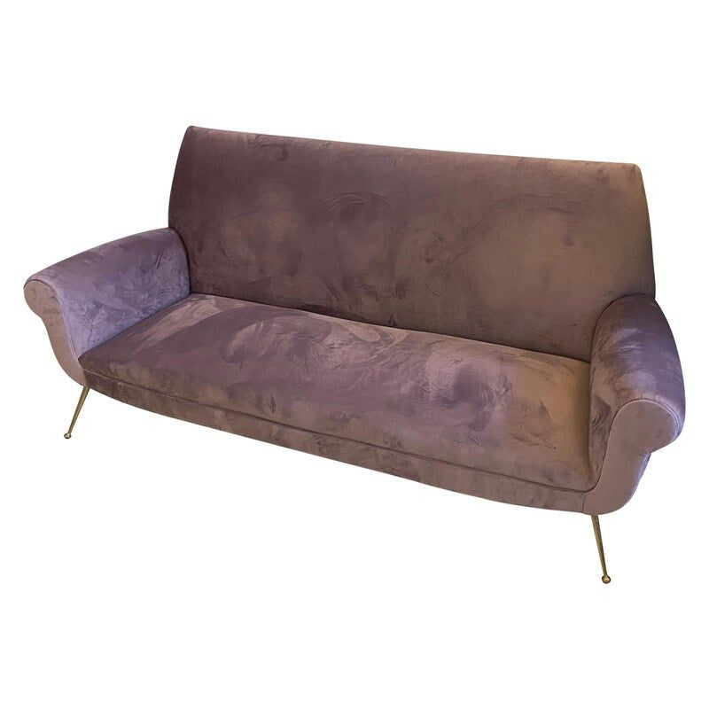 Mid-century wisteria velvet and brass sofa, Italy 1950s