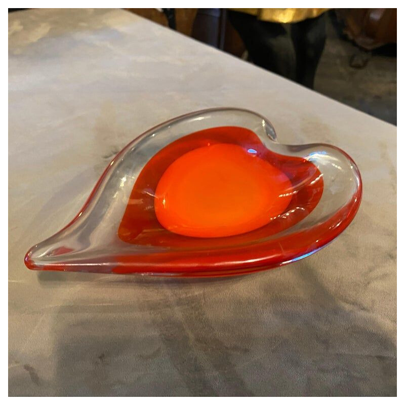 Vintage red and orange Murano glass heart bowl, Italy 1980s