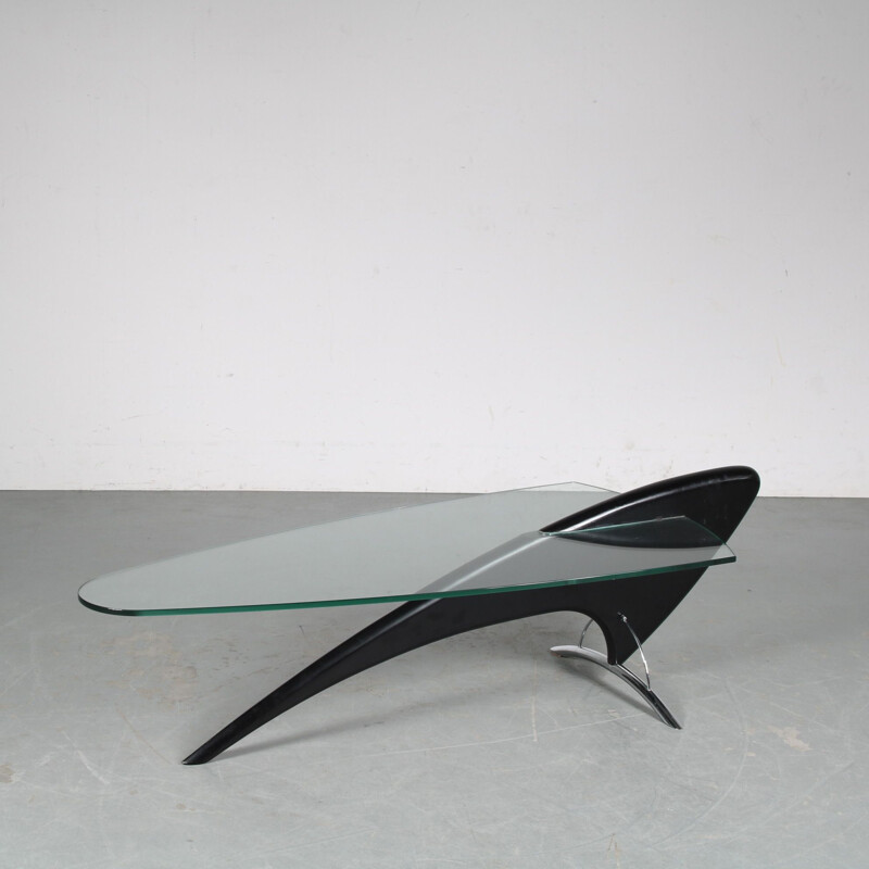 Mid century glass and black wood coffee table, 1980s