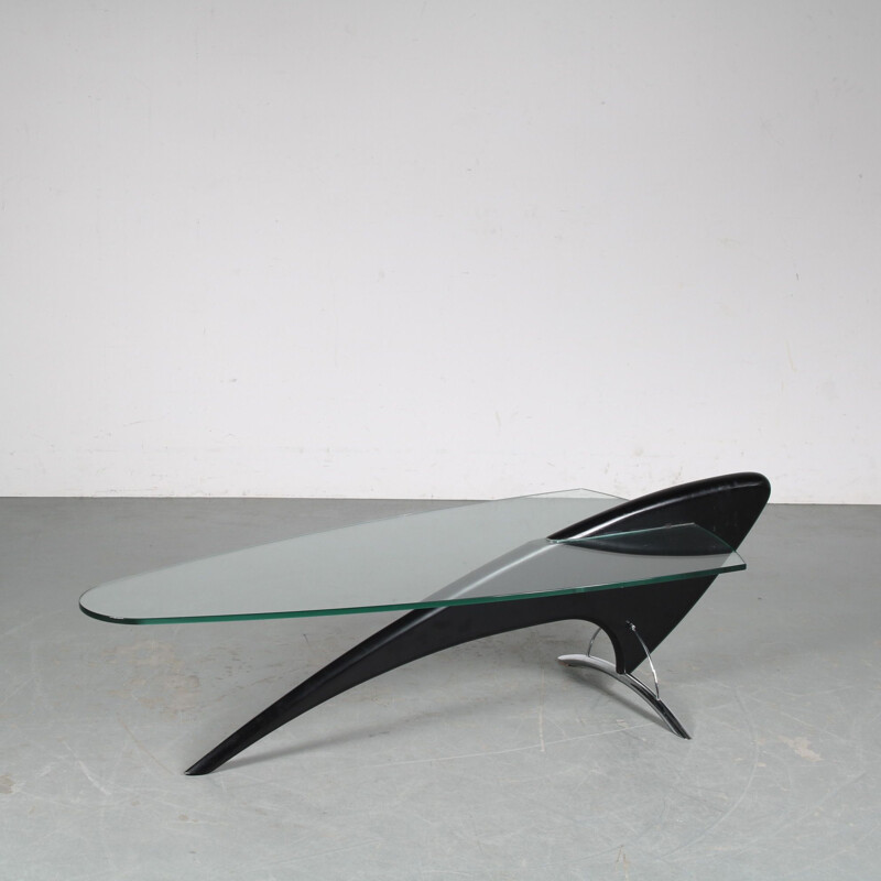 Table basse vintage en verre et bois noir, 1980