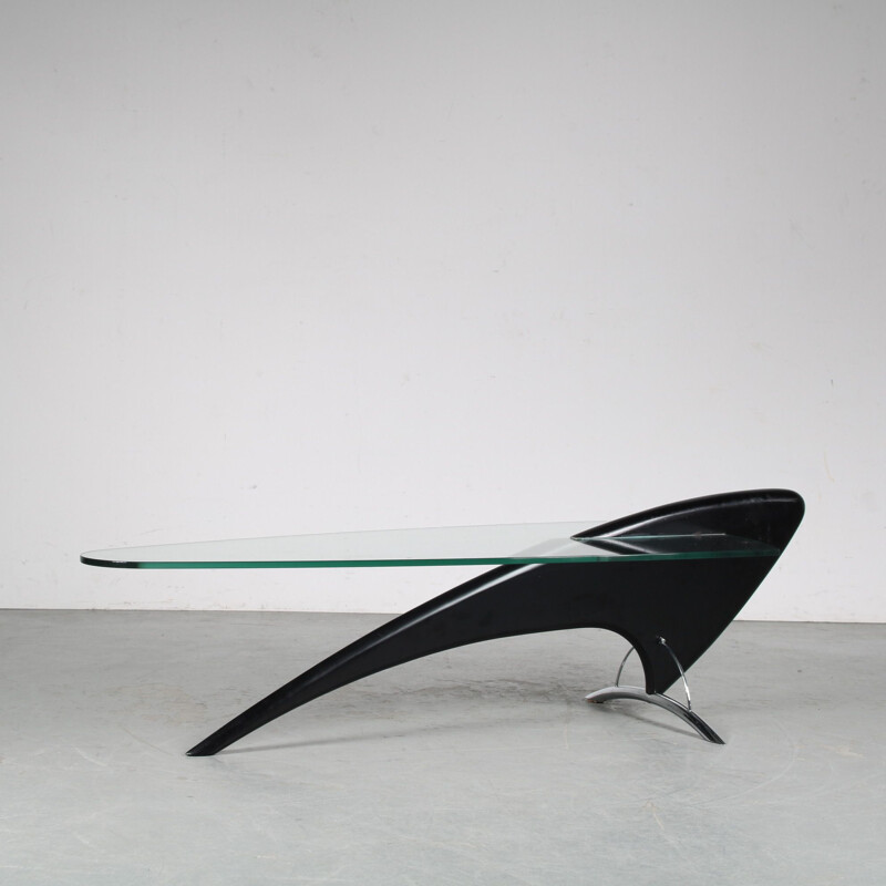 Mid century glass and black wood coffee table, 1980s