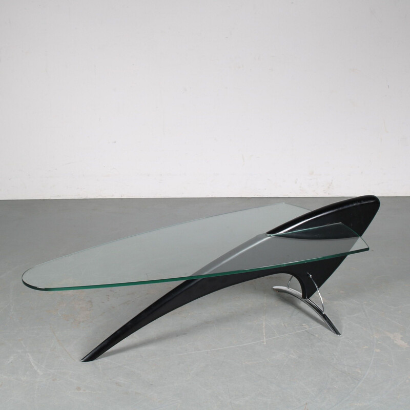 Mid century glass and black wood coffee table, 1980s