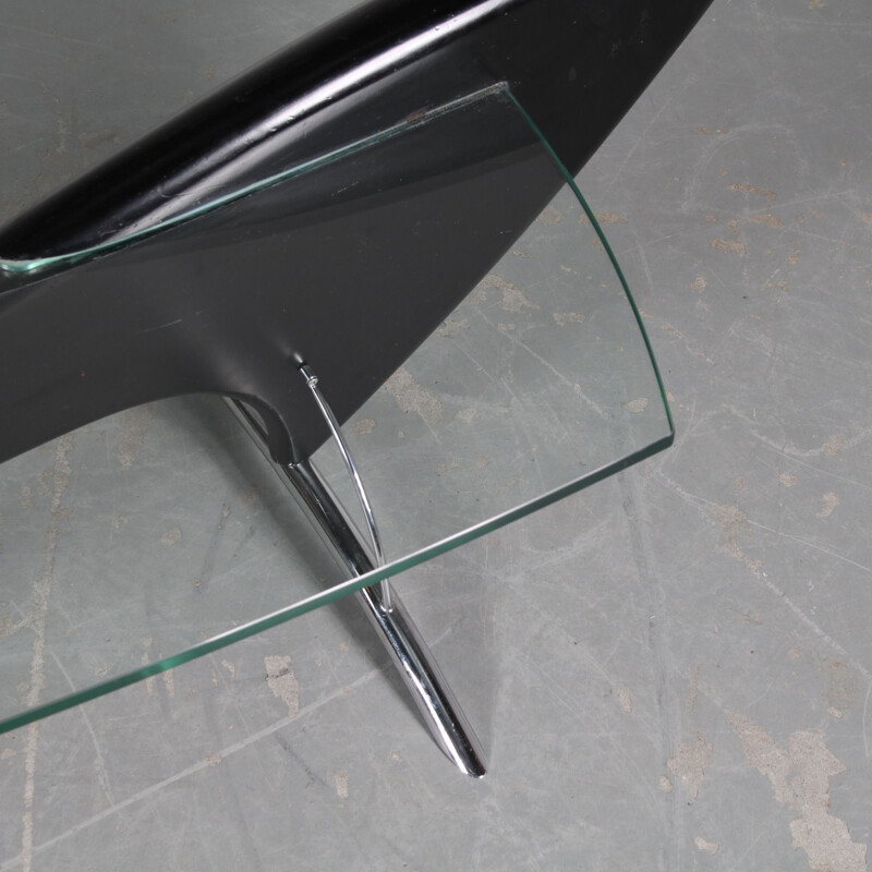 Mid century glass and black wood coffee table, 1980s