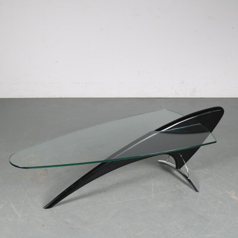 Mid century glass and black wood coffee table, 1980s