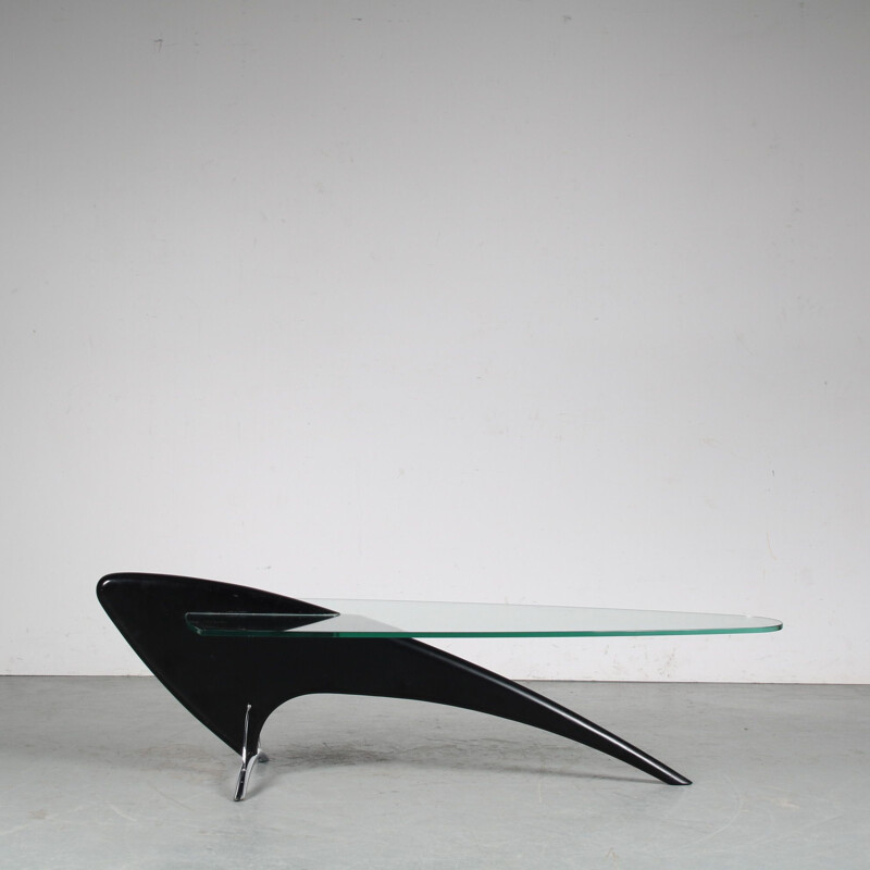 Mid century glass and black wood coffee table, 1980s