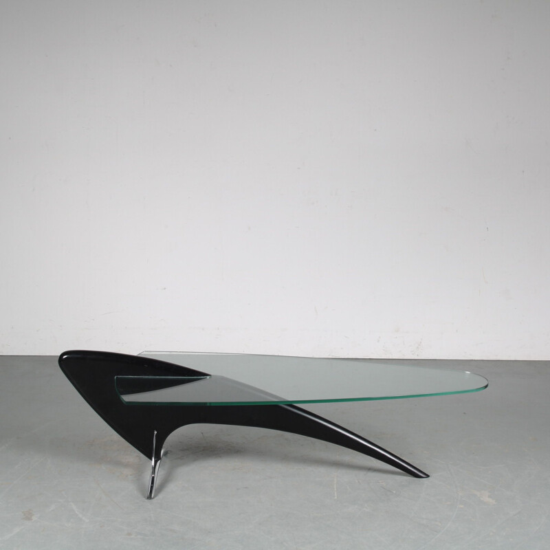 Table basse vintage en verre et bois noir, 1980