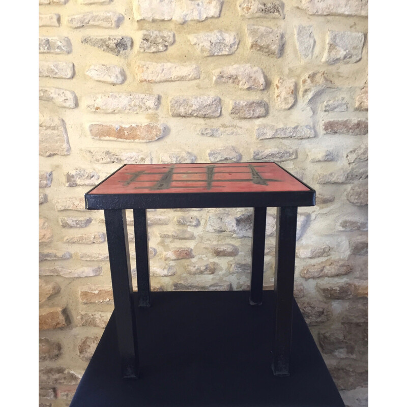 Table d'appoint vintage en métal et carreau de lave par Jean et Robert Cloutier