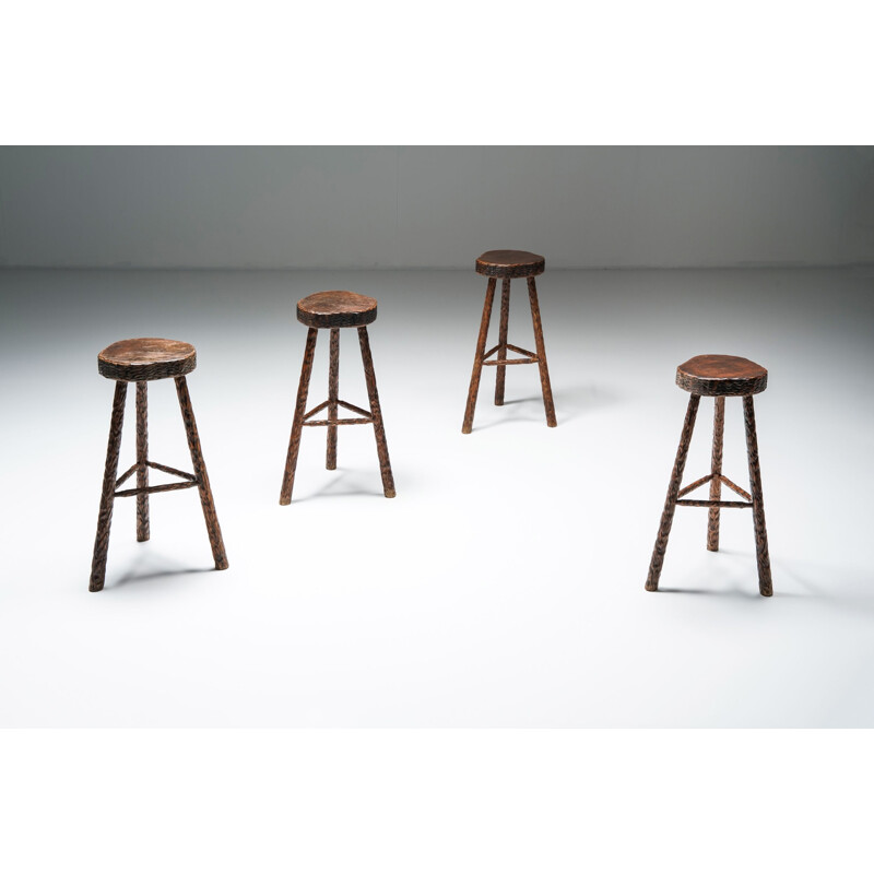 Ensemble de 4 tabourets de bar Art Populaire vintage en bois, 1950