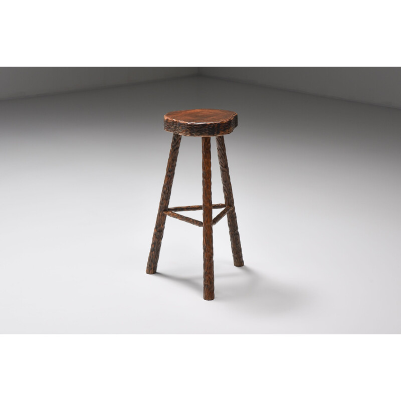 Set of 4 vintage Art Populaire wood bar stools, 1950s
