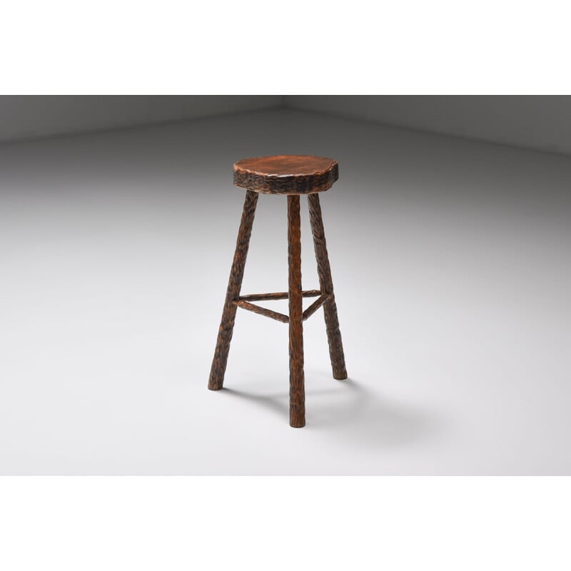 Set of 4 vintage Art Populaire wood bar stools, 1950s
