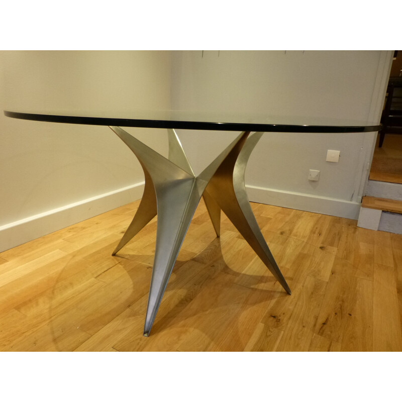 Glass and brushed steel dining table, Paul LE GEARD - 1970s