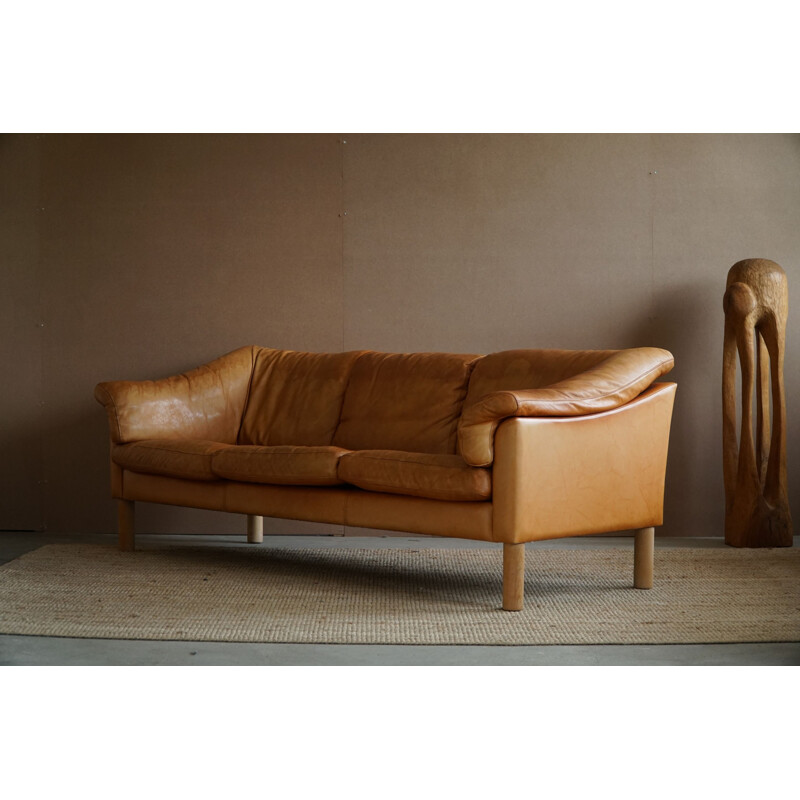 Mid century Danish three seater sofa in cognac coloured leather, 1970s