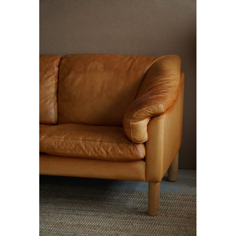 Mid century Danish three seater sofa in cognac coloured leather, 1970s