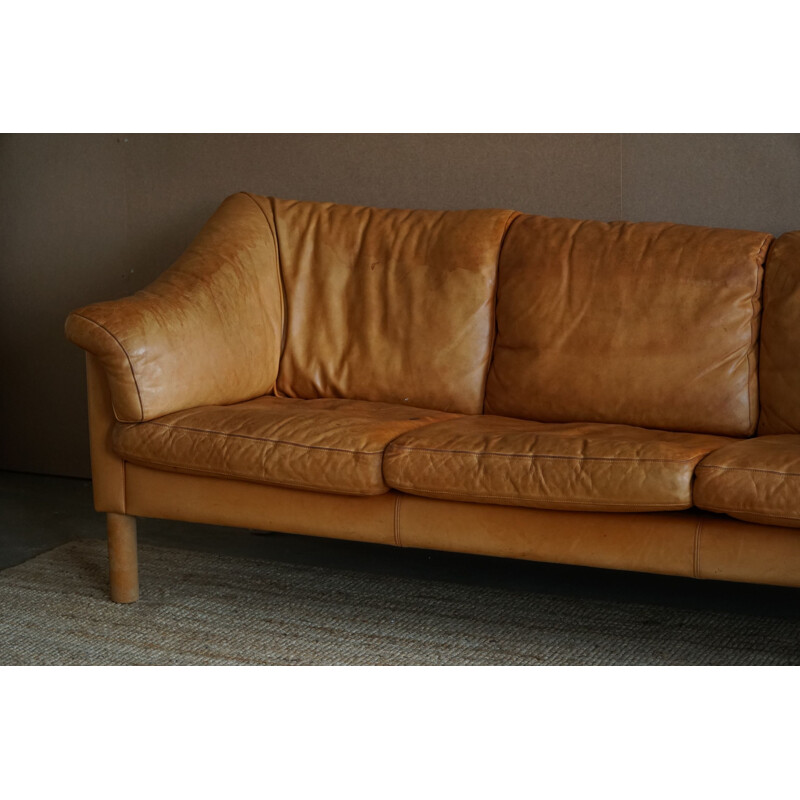 Mid century Danish three seater sofa in cognac coloured leather, 1970s