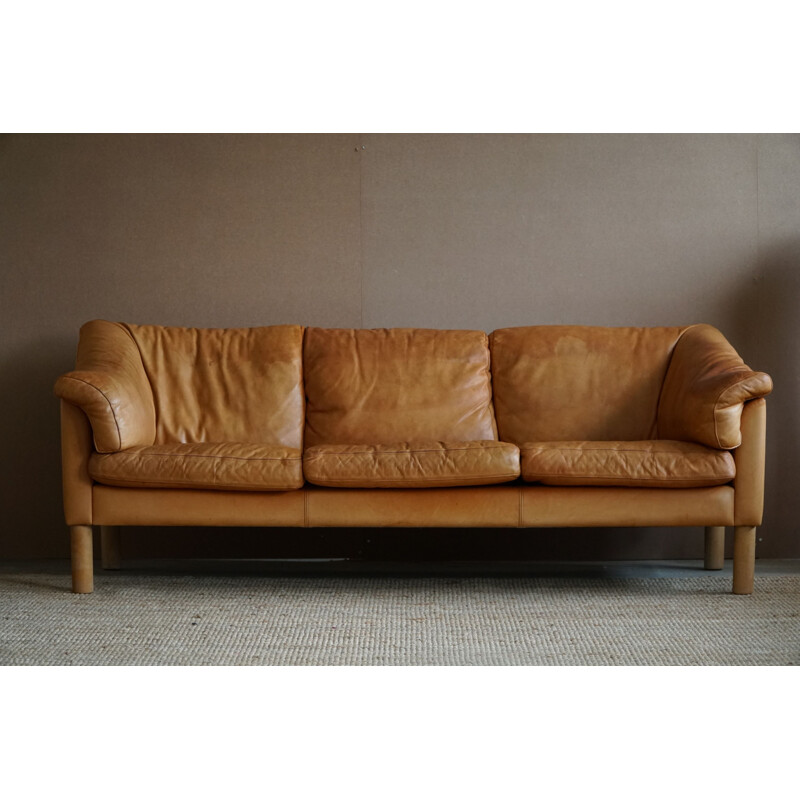 Mid century Danish three seater sofa in cognac coloured leather, 1970s