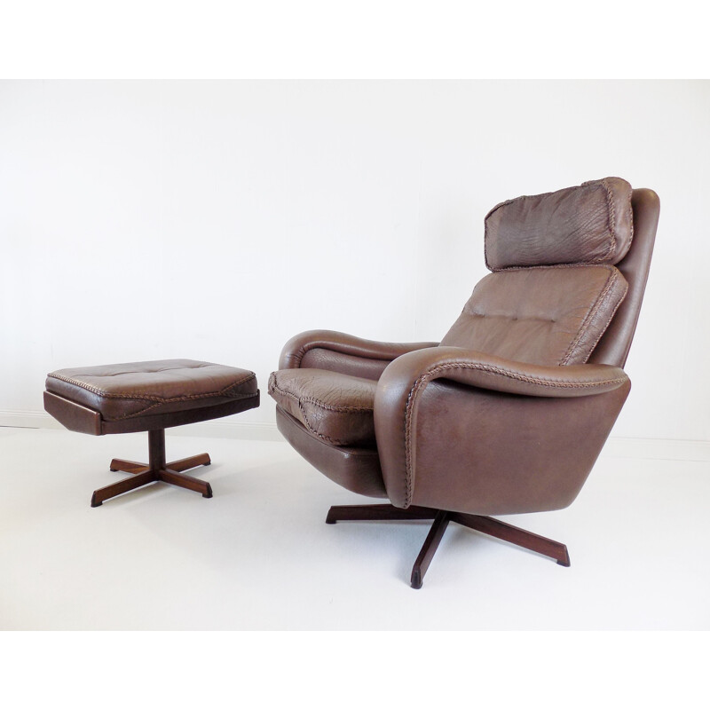 Vintage leather armchair with ottoman by Madsen & Schubell for Bovenkamp