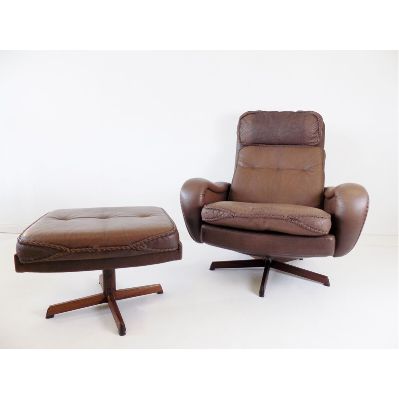 Vintage leather armchair with ottoman by Madsen & Schubell for Bovenkamp