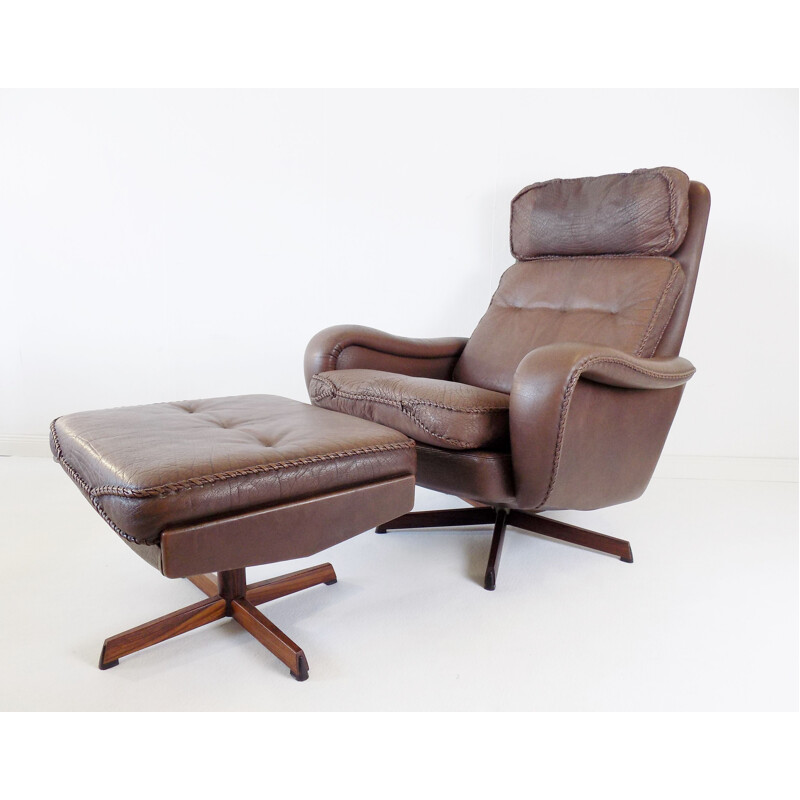 Vintage leather armchair with ottoman by Madsen & Schubell for Bovenkamp