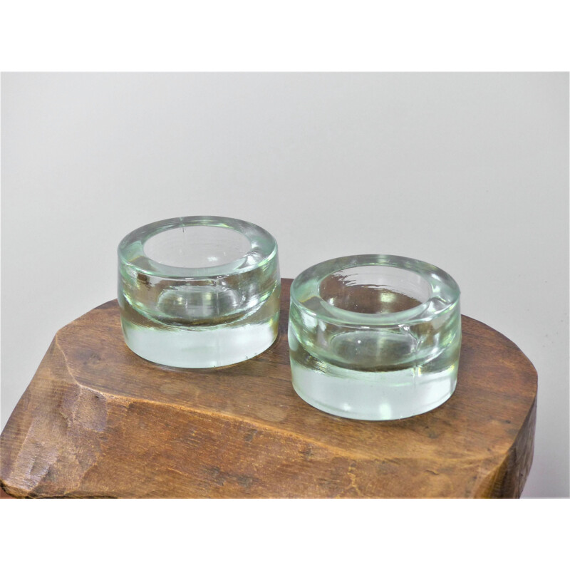 Pair of vintage thick glass round ashtrays by René Coulon for Novalux, 1937