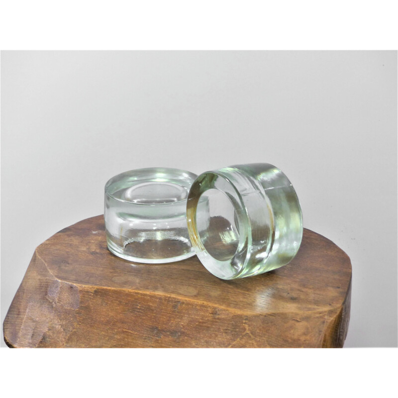 Pair of vintage thick glass round ashtrays by René Coulon for Novalux, 1937