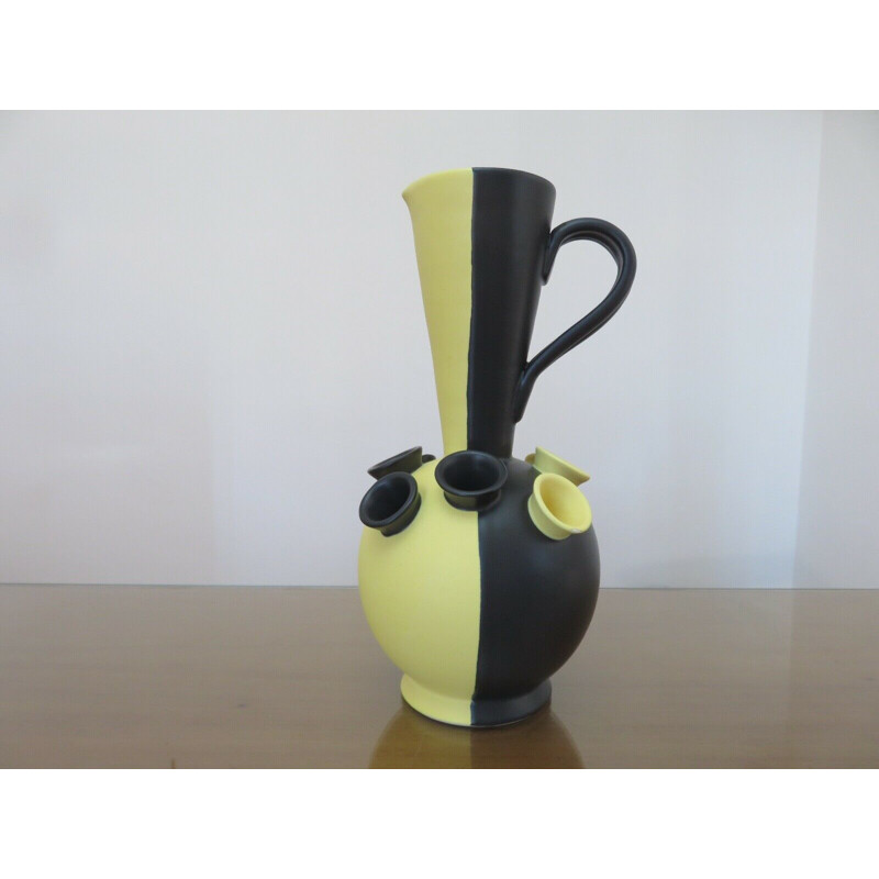 Vase vintage en céramique noire et jaune mat, 1950