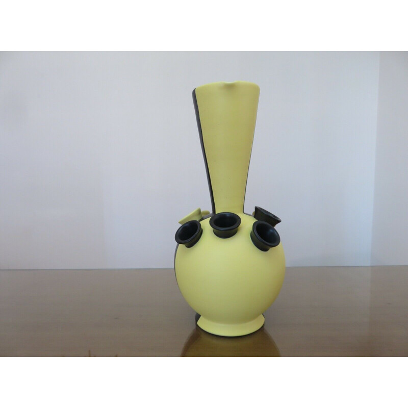 Vintage black and yellow matte ceramic vase, 1950s
