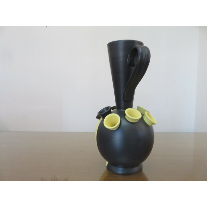 Vintage black and yellow matte ceramic vase, 1950s