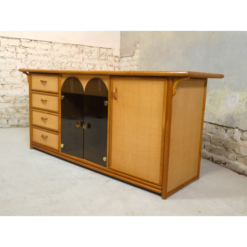 Vintage highboard in rattan and cane, 1970s