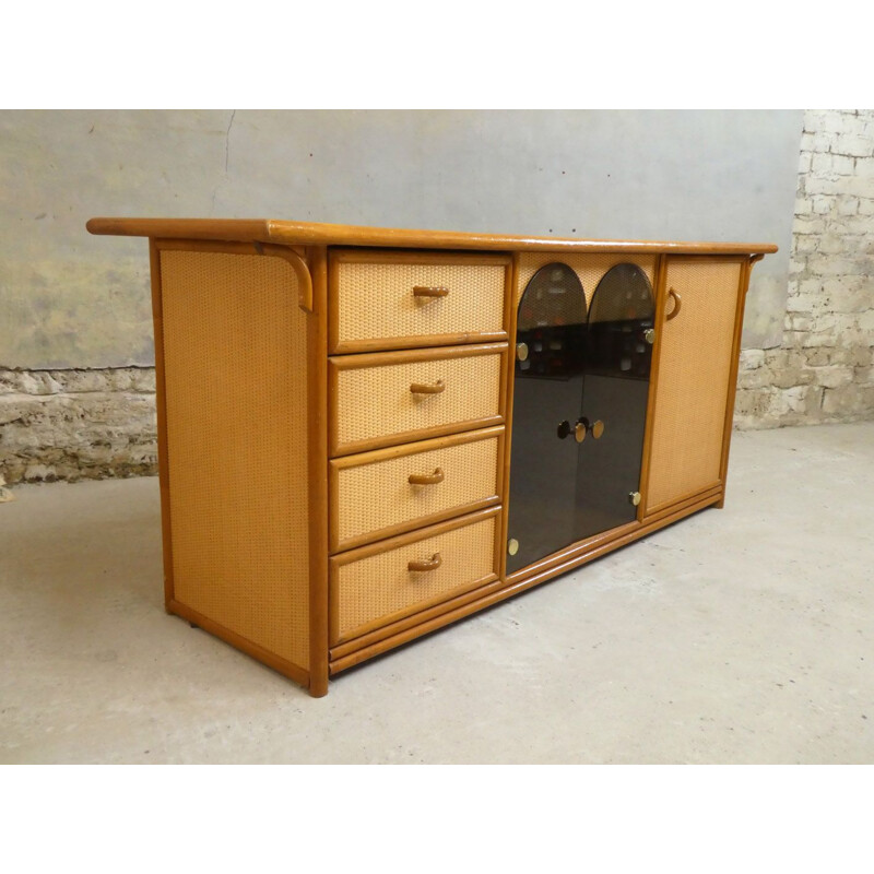 Vintage highboard in rattan and cane, 1970s