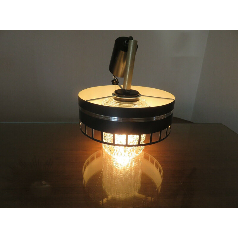 Scandinavian vintage pendant lamp in textured glass and lacquered metal, 1960-1970