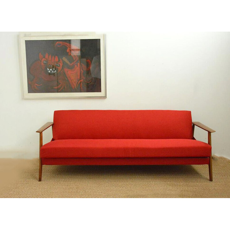 Scandinavian vintage convertible sofa in teak and red fabric, 1960