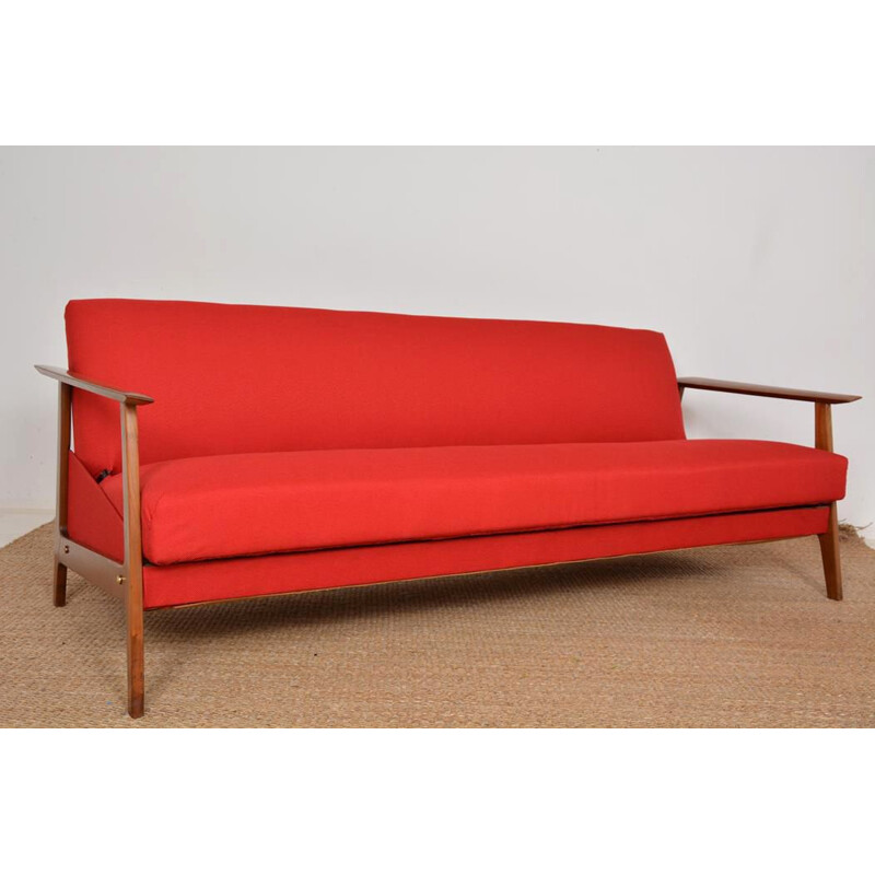 Scandinavian vintage convertible sofa in teak and red fabric, 1960