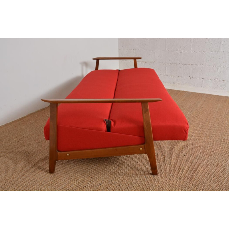Scandinavian vintage convertible sofa in teak and red fabric, 1960