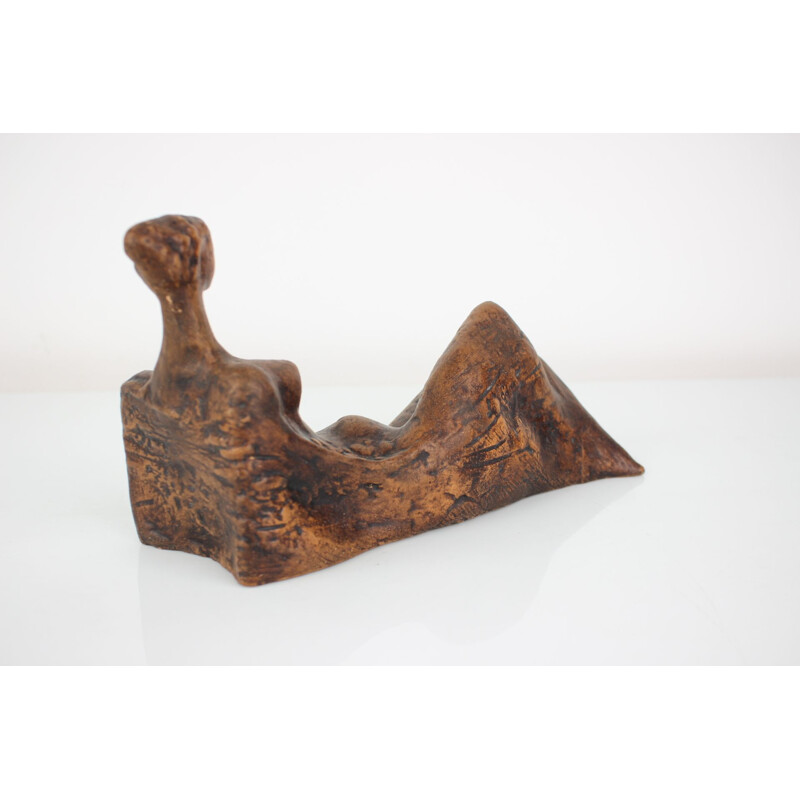 Vintage glazed clay sculpture of a seated nude woman, Czechoslovakia 1960