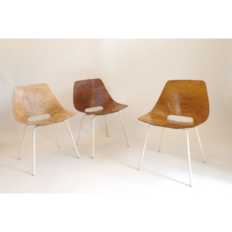 Set of 3 vintage Tonneau chairs by Pierre Guariche, 1955