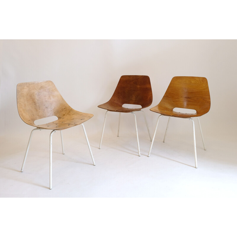 Set of 3 vintage Tonneau chairs by Pierre Guariche, 1955
