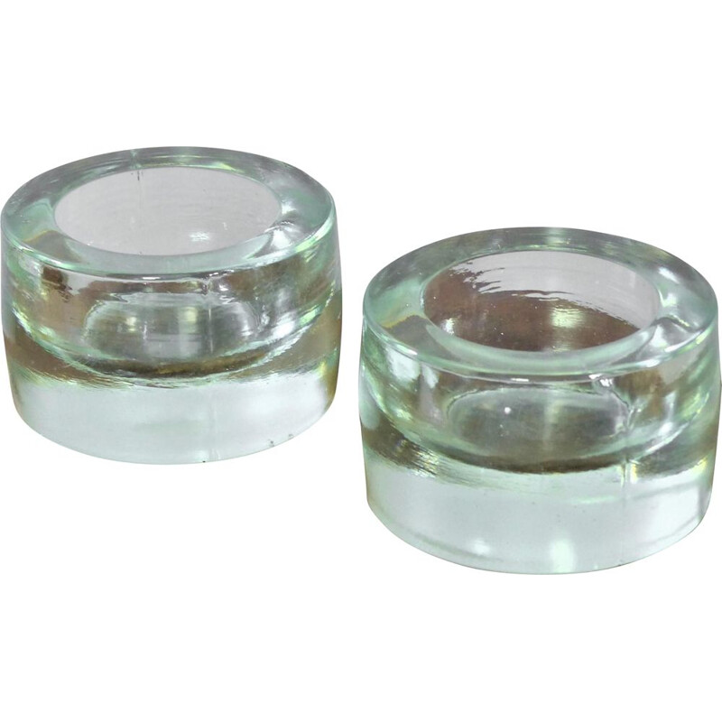 Pair of vintage thick glass round ashtrays by René Coulon for Novalux, 1937