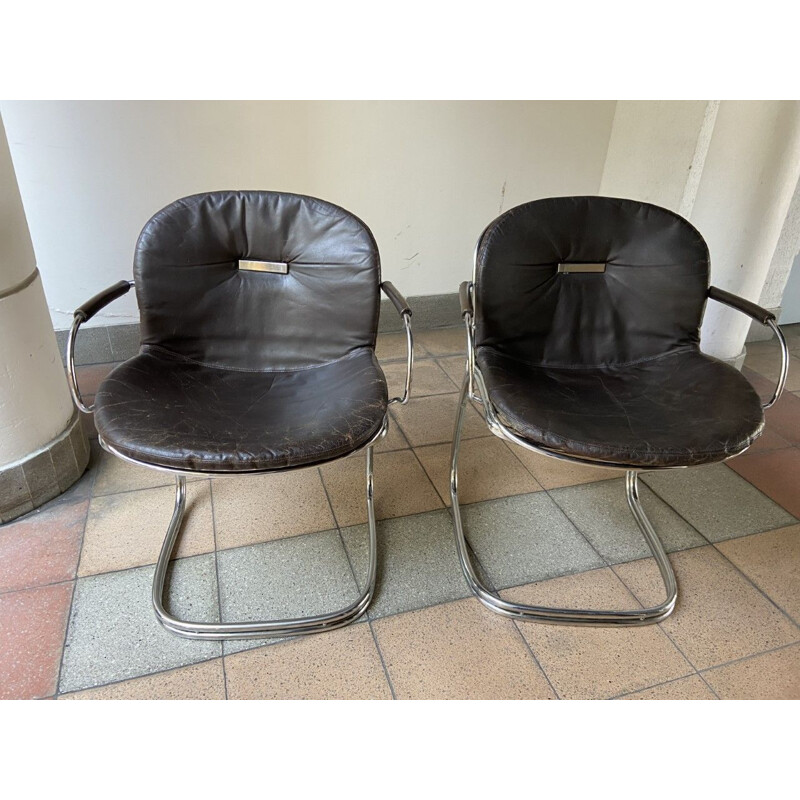 Paire de fauteuils vintage en chrome et cuir par Gastone Rinaldi, 1970