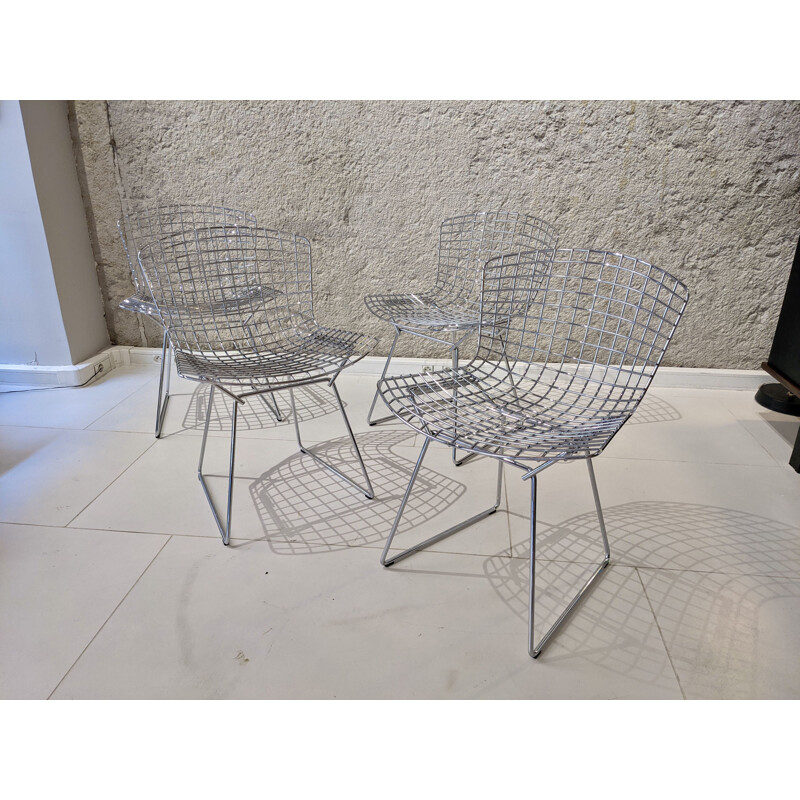 Set of 4 vintage chrome steel chairs by Harry Bertoia for Knoll, 1970s