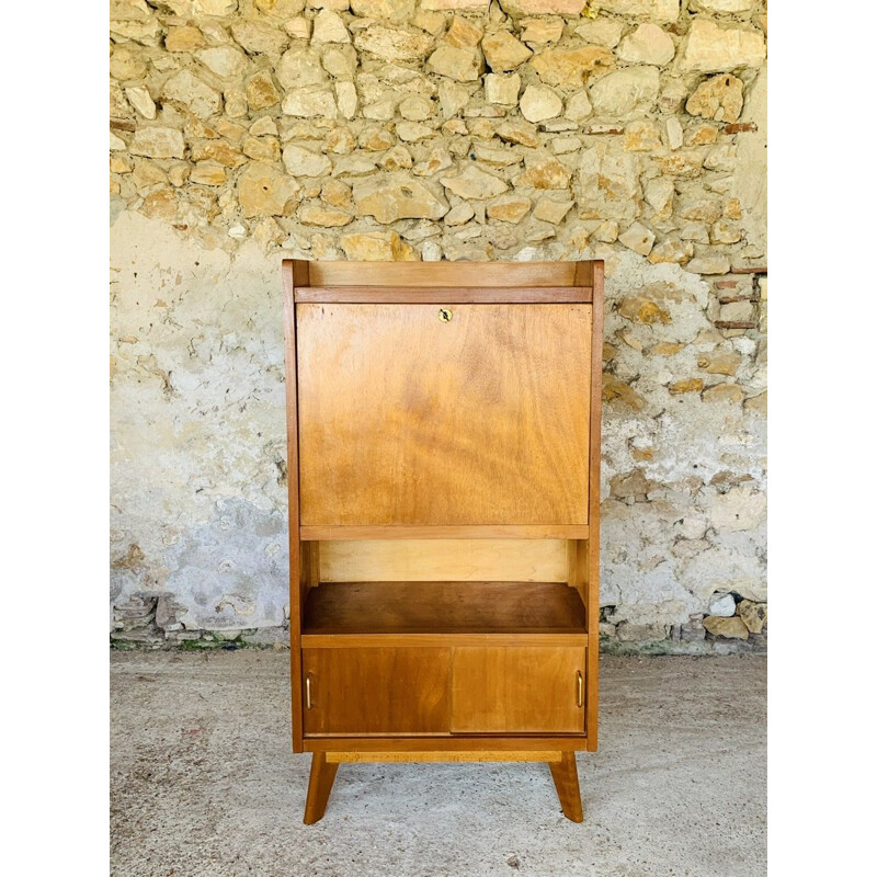 Scandinavian vintage gilded oakwood secretary on compass legs, 1950