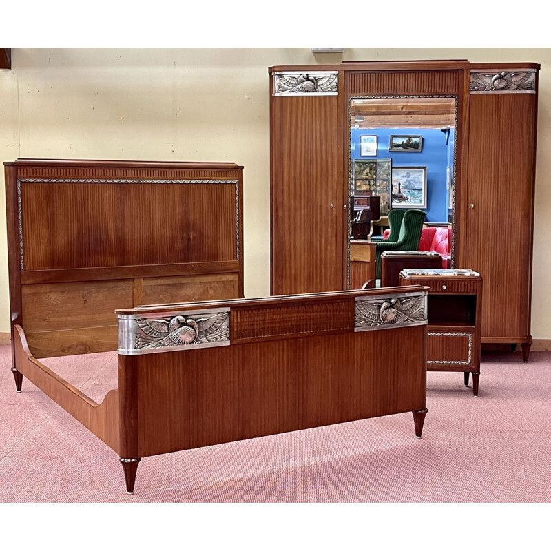 Vintage Art Deco mahogany bedroom set with bird design, 1930