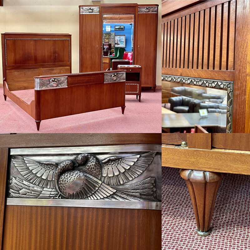 Vintage Art Deco mahogany bedroom set with bird design, 1930