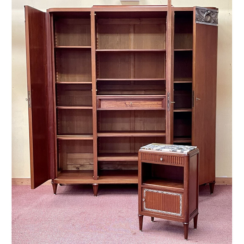 Vintage Art Deco mahogany bedroom set with bird design, 1930