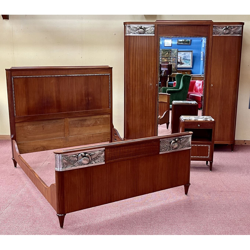 Vintage Art Deco mahogany bedroom set with bird design, 1930