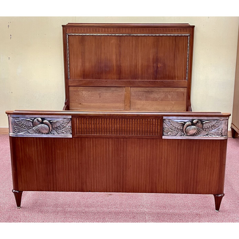 Ensemble de chambre à coucher vintage Art déco en acajou à décor d'oiseaux, 1930